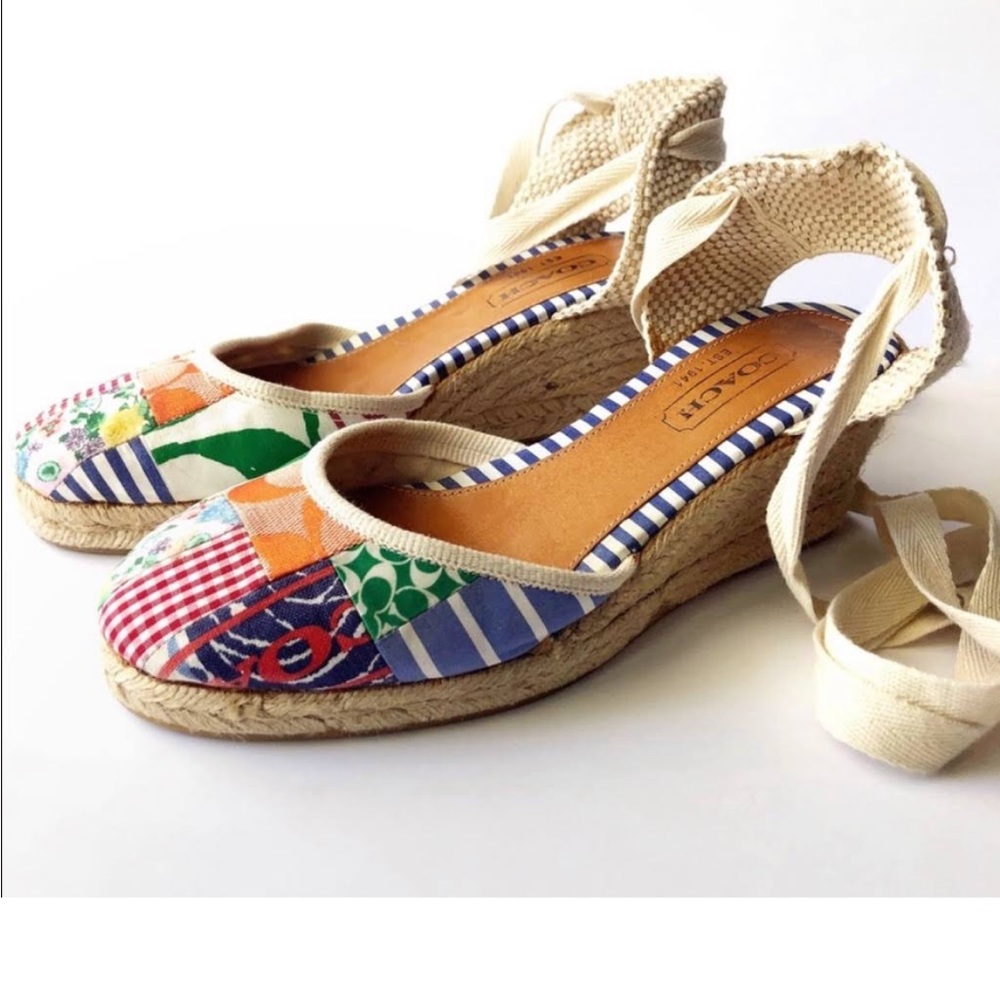 Coach Women's Colorful Textile Patch Slip On String Back and Ankle Lace Wedges 8